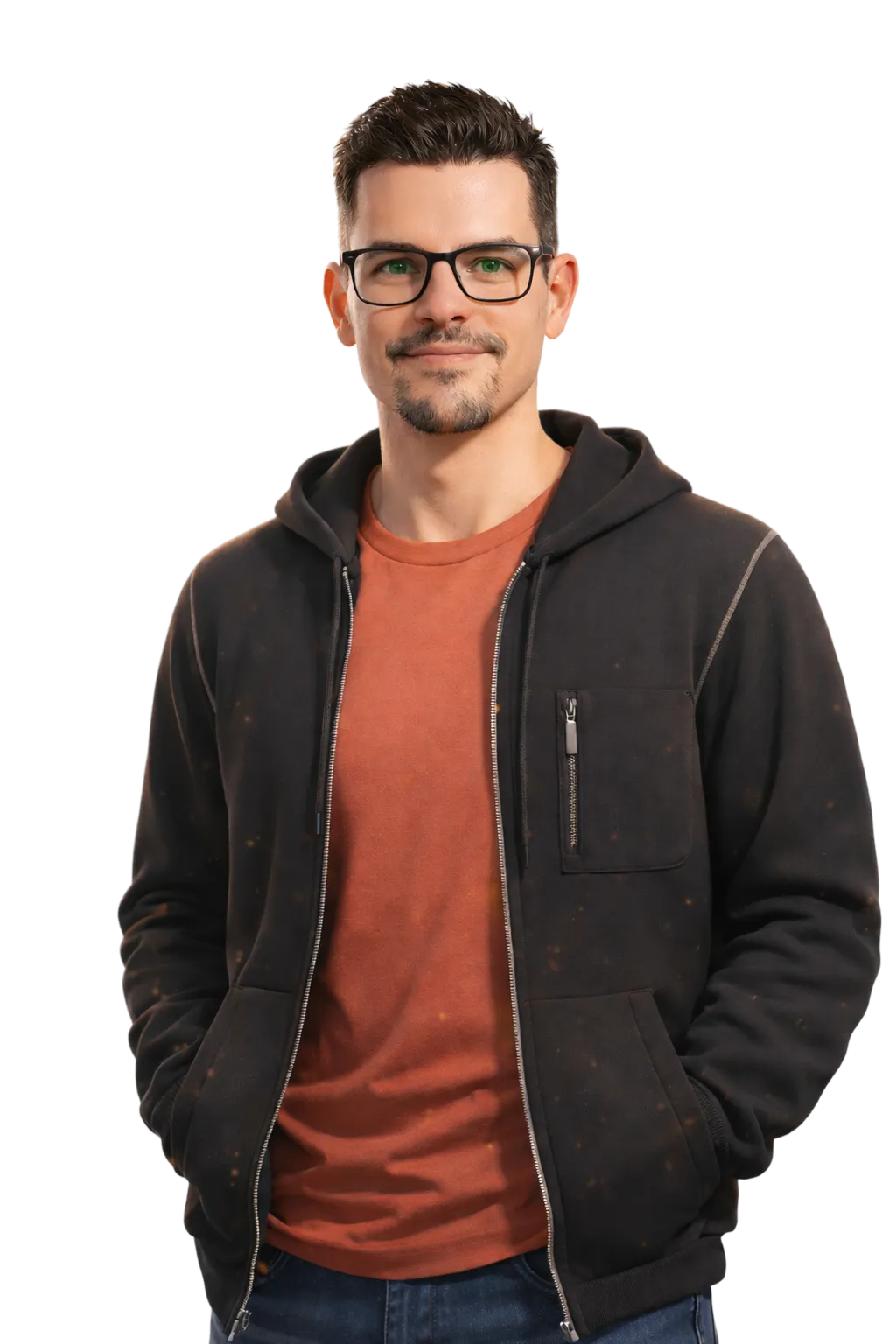 My smiling face with glasses and hands down using a jacket and jeans pants